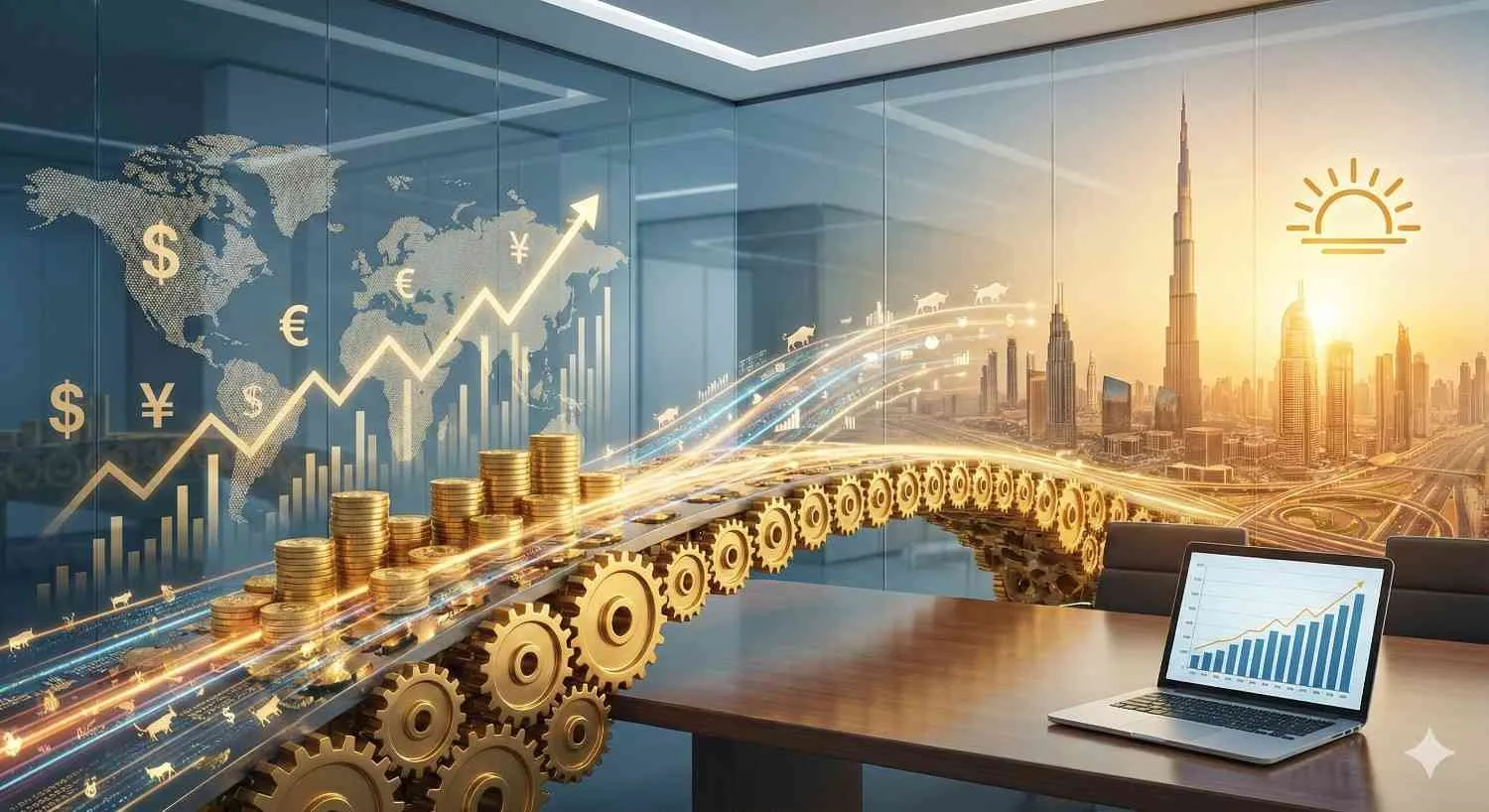 Global financial charts and gold coins moving towards Dubai real estate as a secure investment strategy.